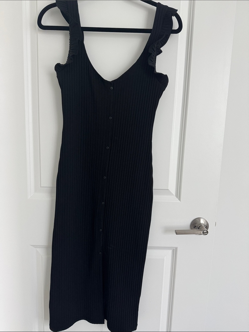 Zara Black Ribbed Button-Front Midi Dress with Ruffle Straps